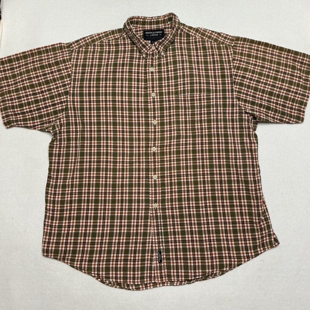 Abercrombie & Fitch Mens XL Plaid Shirt Olive Green Orange Short Sleeve Cotton